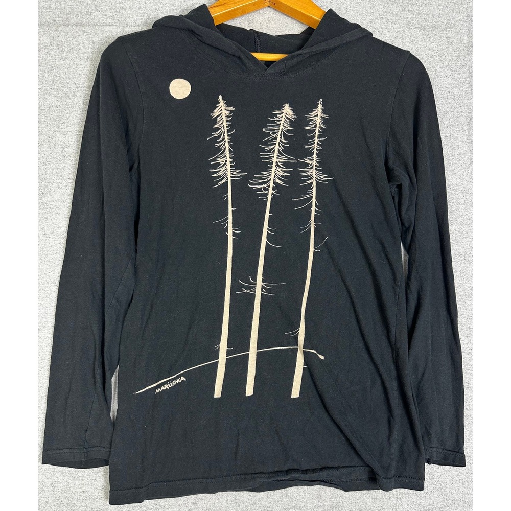 Marushka Twiggy Hoodie T Shirt Womens Small Black Pine Tree Moon Graphic Long Sl